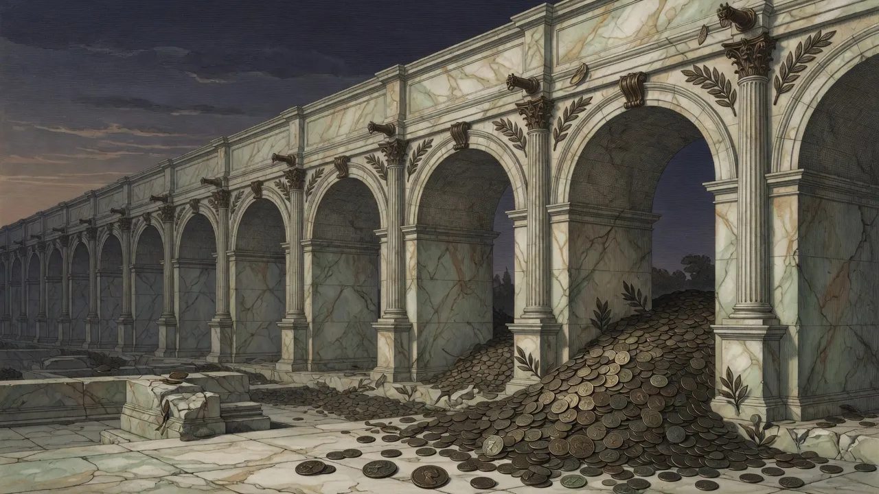 Aqueduct at dusk with a bronze coin hoard