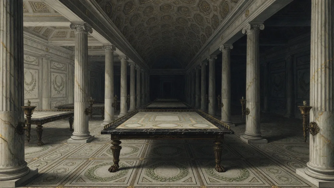 Colonnaded gallery of gaming tables